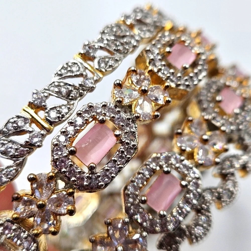 Pastel Pink and White Rhinestone Gold Tone Bangle Bracelet Set of 4 - Picture 3 of 5